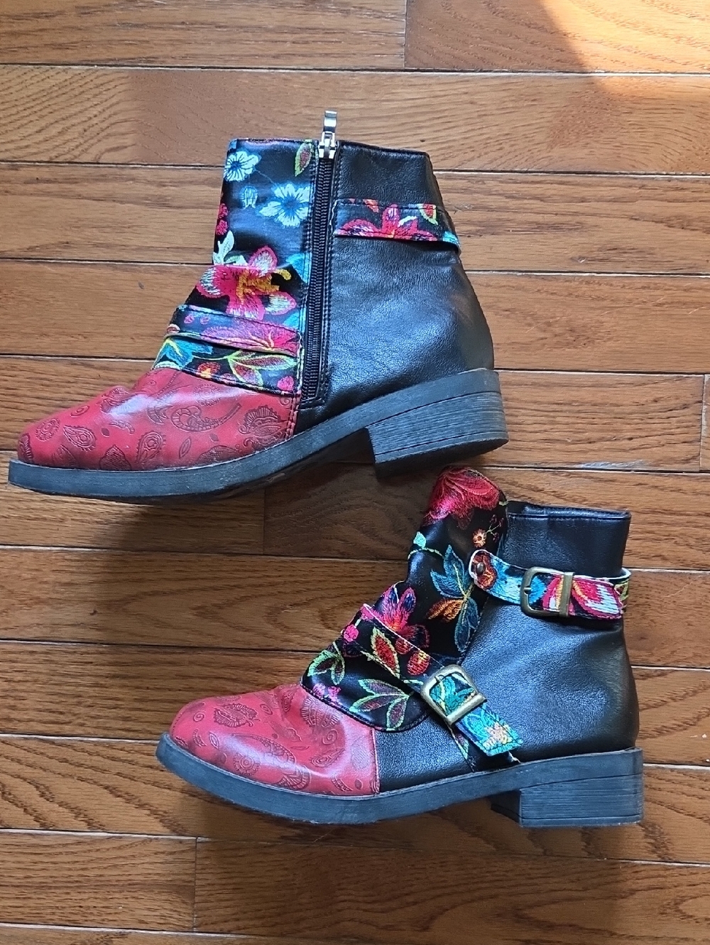 Embroidered Floral Ankle Boots in Red and Black